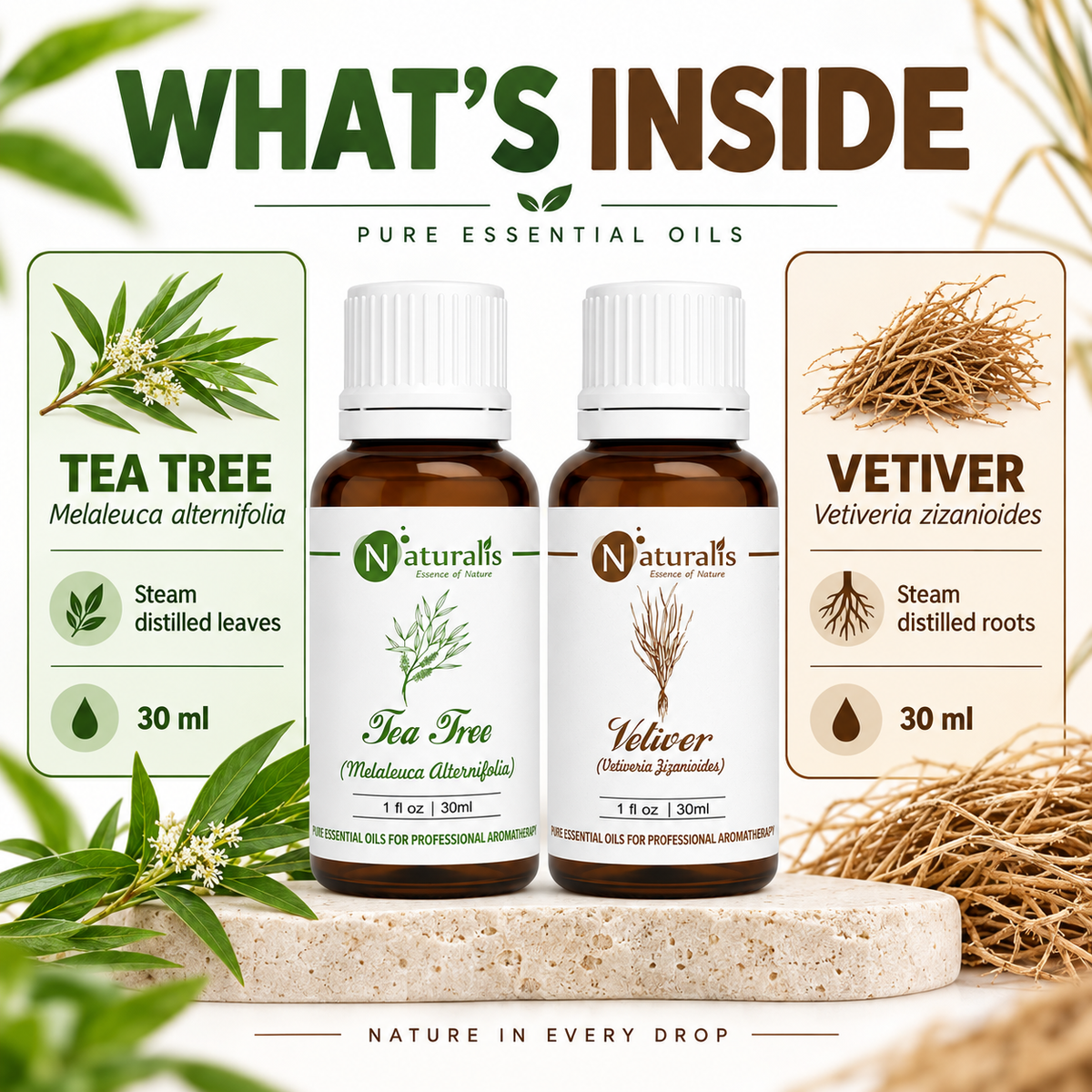 Vetiver and Tea Tree Essential Oil Set – what's inside