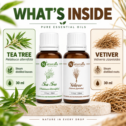 Vetiver and Tea Tree Essential Oil Set – what's inside