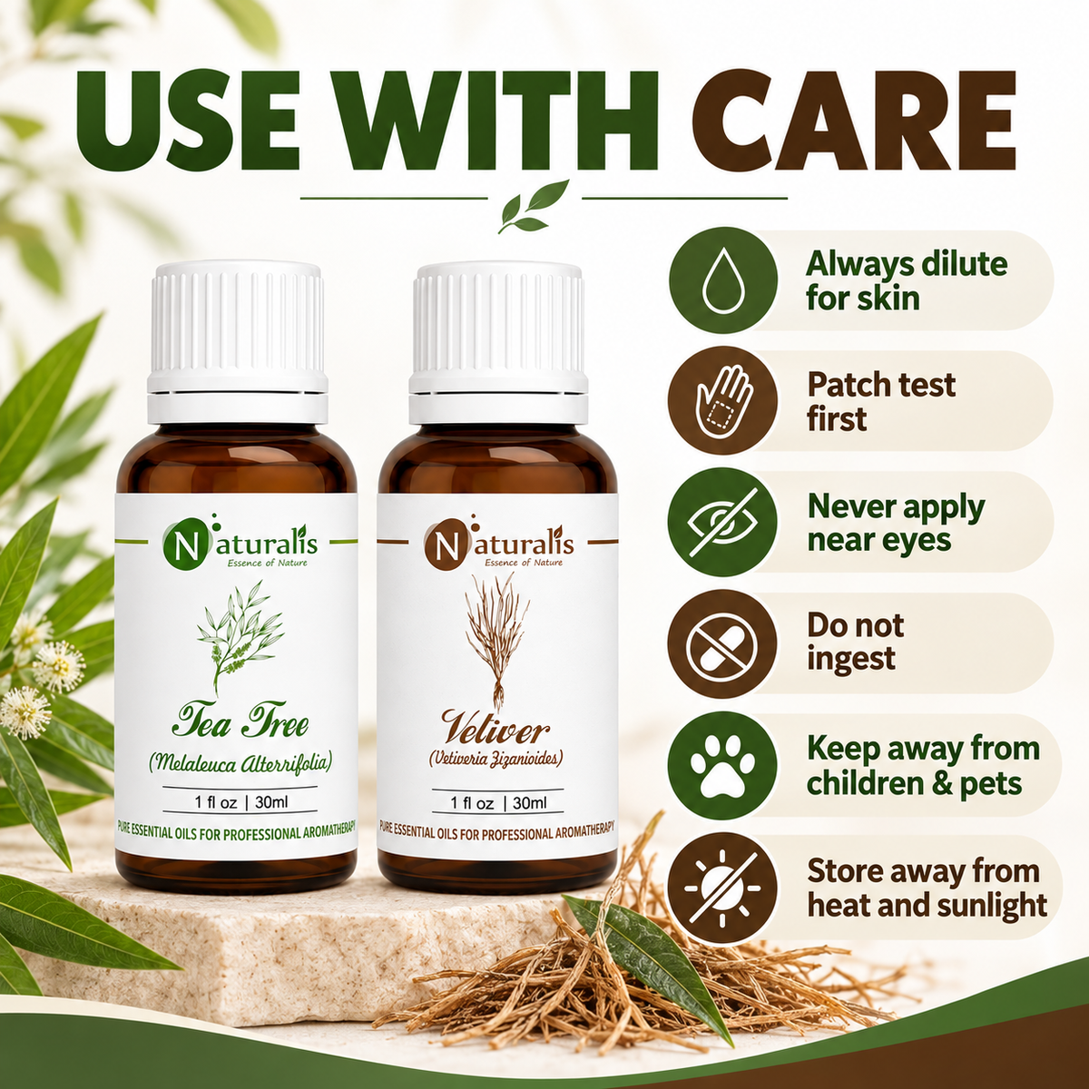 Vetiver and Tea Tree Essential Oil Set – use with care