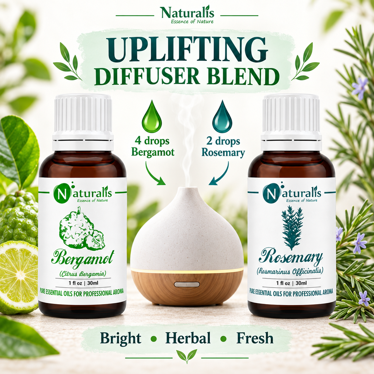 Rosemary and Bergamot Essential Oil Set – uplifting diffuser blend