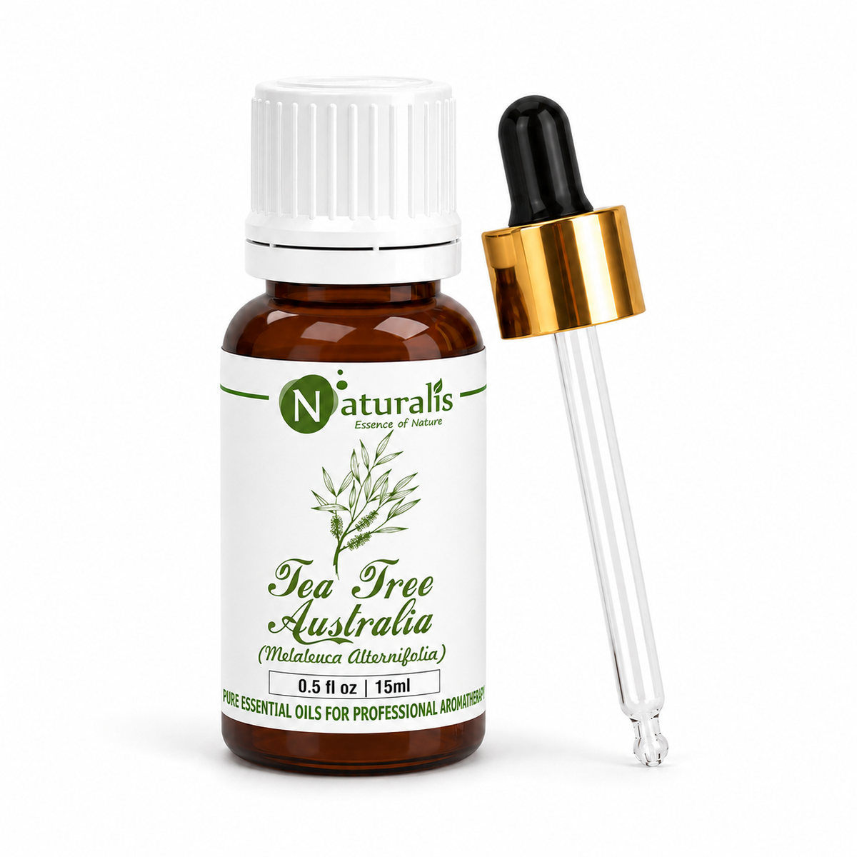 Australian tea tree essential oil by Naturalis, premium high grade — close-up