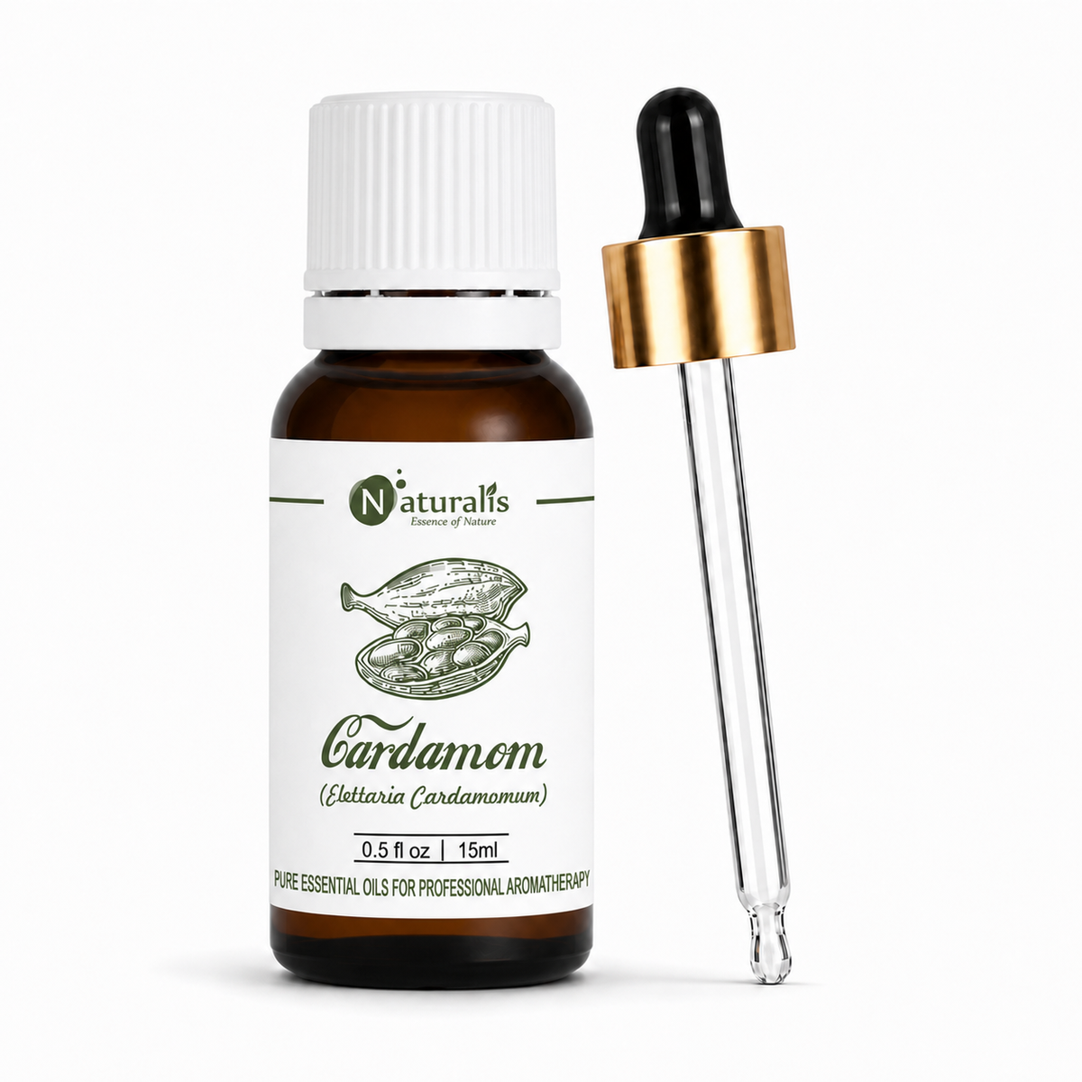 Cardamom essential oil by Naturalis, 100% pure and therapeutic grade — close-up