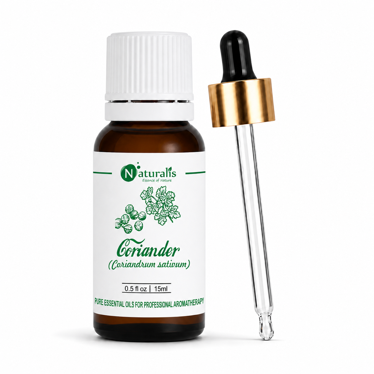 Coriander essential oil by Naturalis, 100% pure and therapeutic grade — close-up