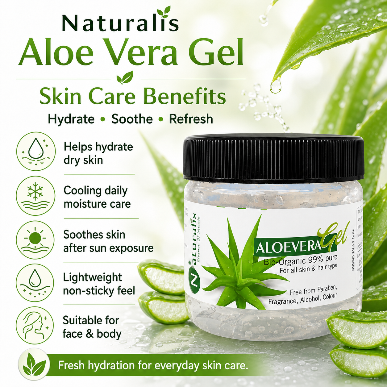 Natural Aloe Vera Gel – for Skin, Face & Hair, 300gms
