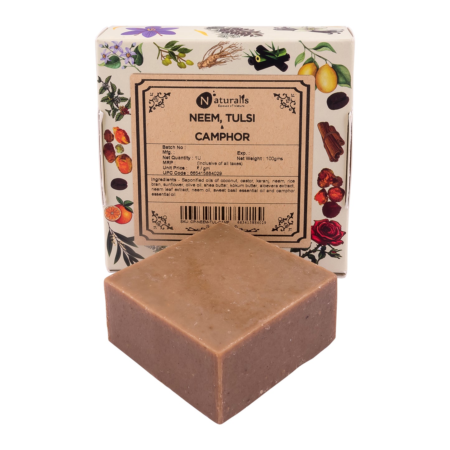 Hand-Milled Luxury Neem Tulsi and Camphor Solid Soap Bar, Made using century-old Cold Process Method - 100gms