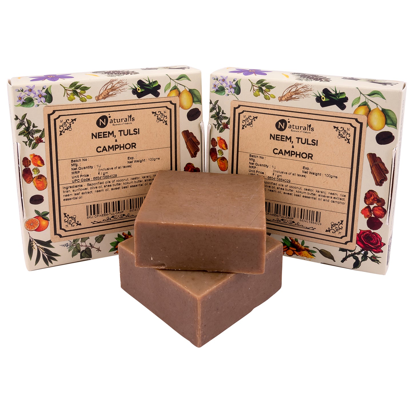 Hand-Milled Luxury Neem Tulsi and Camphor Solid Soap Bar, Made using century-old Cold Process Method - 100gms