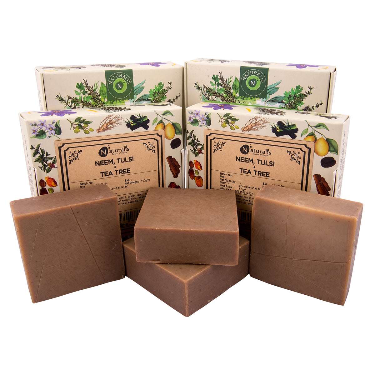 Handmade Neem, Tulsi and Tea Tree solid soap bar, 100g cold process soap for daily bathing — close-up
