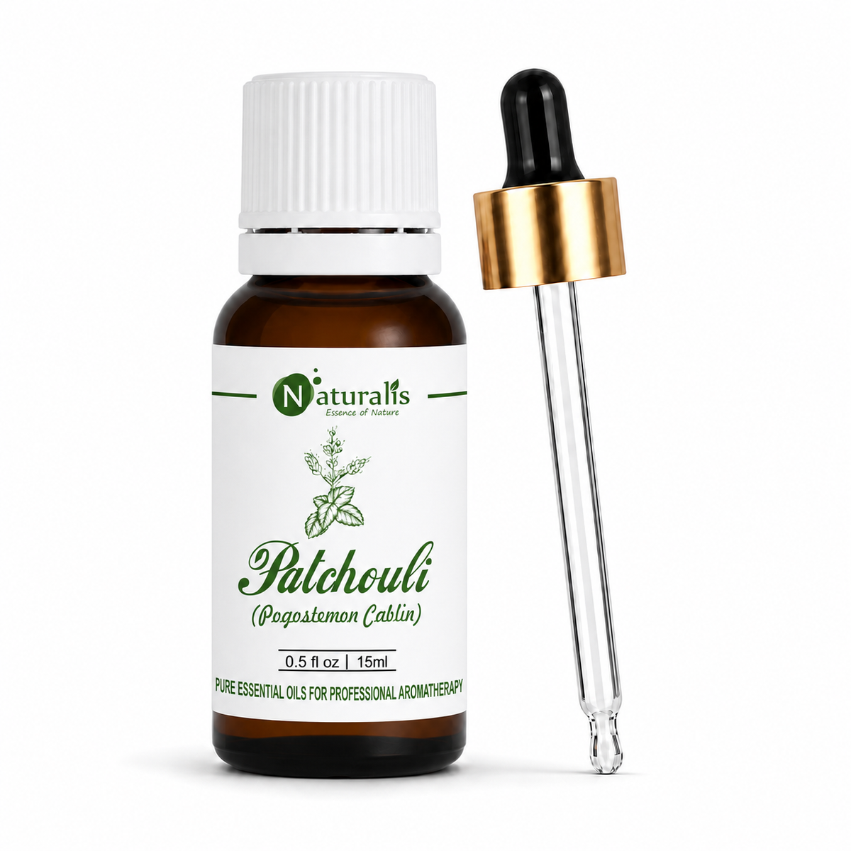 Patchouli essential oil by Naturalis, 100% pure and therapeutic grade — close-up