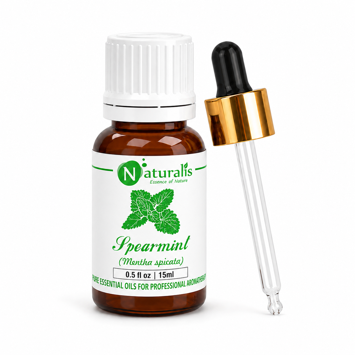 Spearmint essential oil by Naturalis, 100% pure and therapeutic grade — close-up