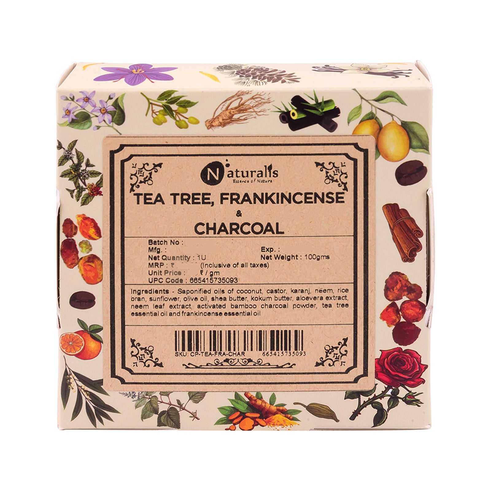 Hand-Milled Luxury Tea Tree, Frankincense Charcoal Solid Soap Bar | Cold Process Soap | Tea Tree, Frankincense Charcoal Soap - 100gms | Deep Cleansing and Anti-Aging
