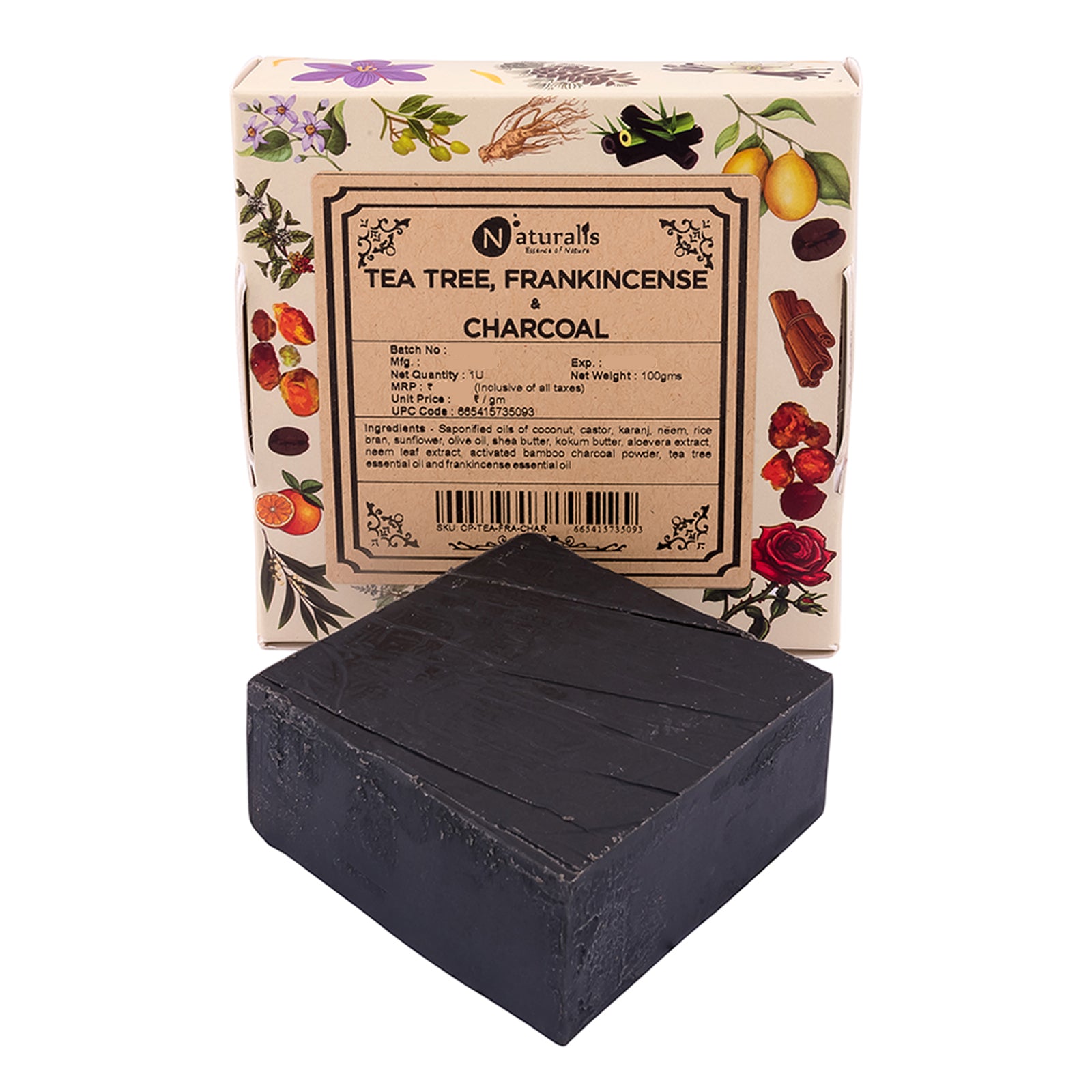 Hand-Milled Luxury Tea Tree, Frankincense Charcoal Solid Soap Bar | Cold Process Soap | Tea Tree, Frankincense Charcoal Soap - 100gms | Deep Cleansing and Anti-Aging