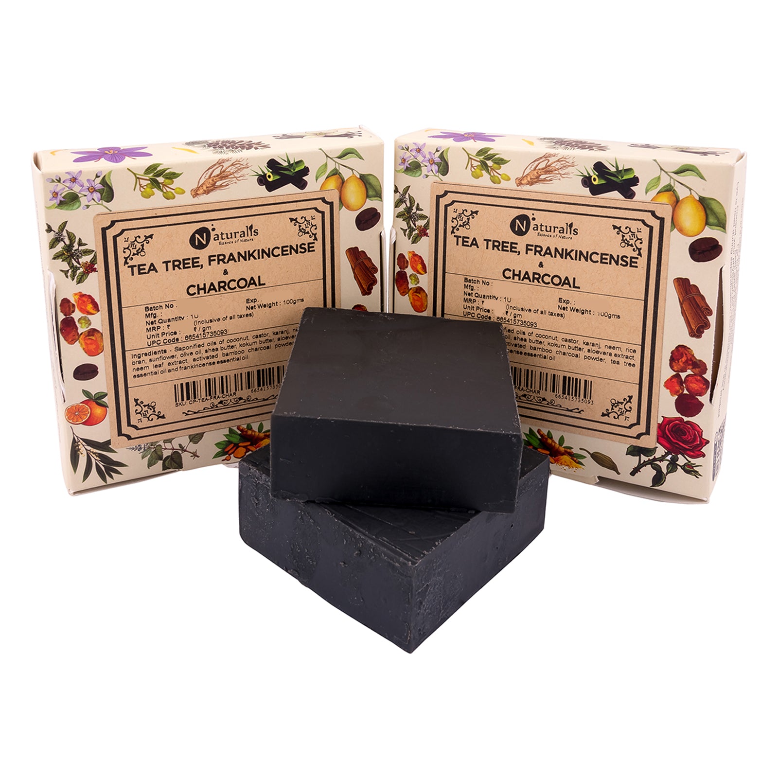 Hand-Milled Luxury Tea Tree, Frankincense Charcoal Solid Soap Bar | Cold Process Soap | Tea Tree, Frankincense Charcoal Soap - 100gms | Deep Cleansing and Anti-Aging