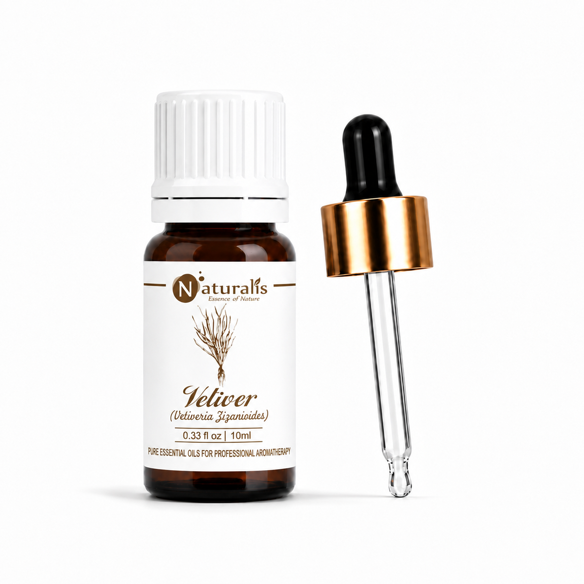 Vetiver essential oil by Naturalis, 100% pure and therapeutic grade — close-up