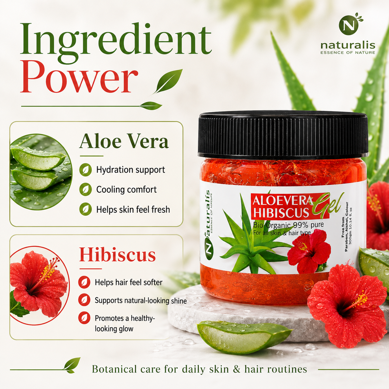 Best uses for Naturalis Aloe Vera Hibiscus Gel including skin hair and scalp care