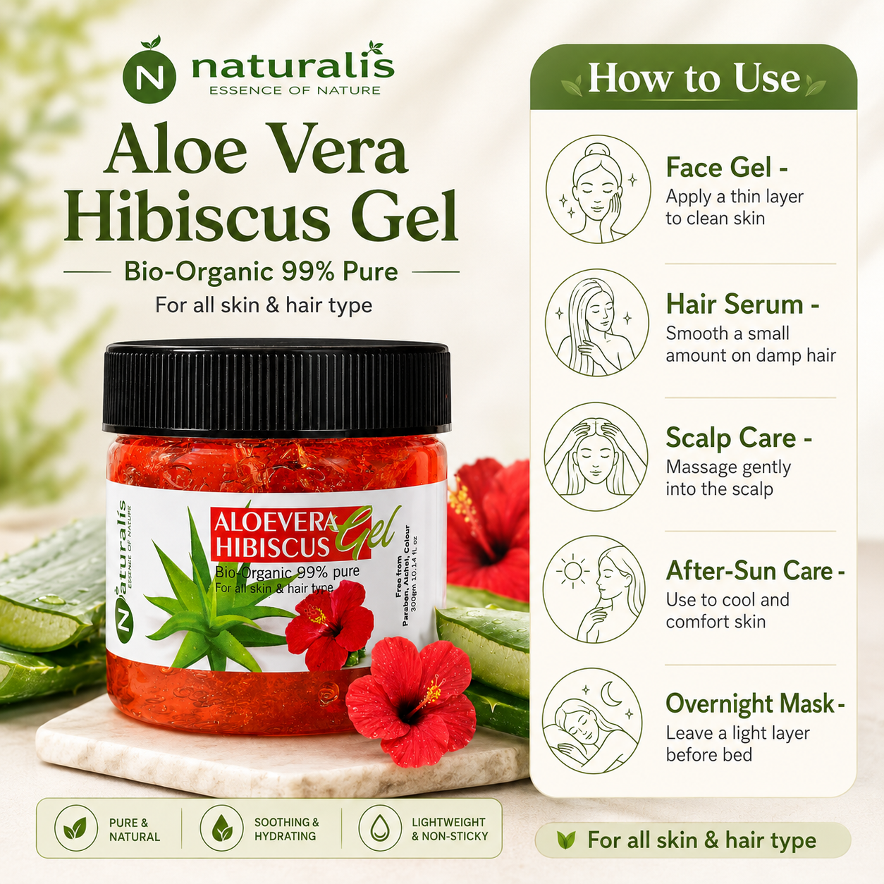 How to use Naturalis Aloe Vera Hibiscus Gel for face hair scalp and after-sun care