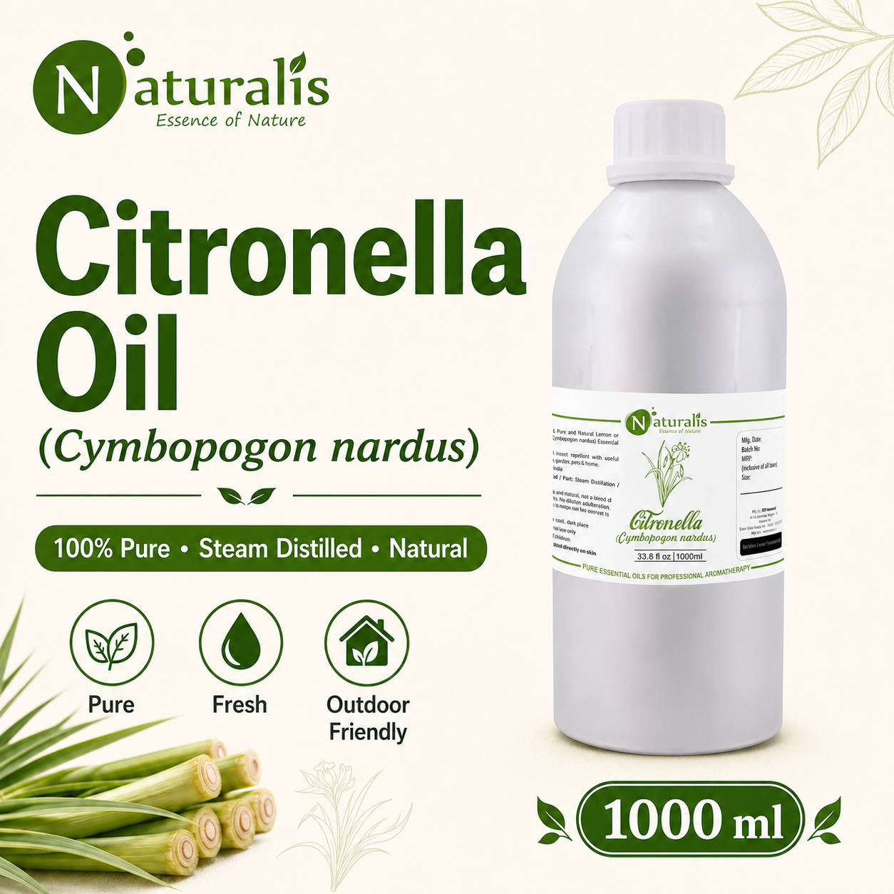 Naturalis Citronella Essential Oil 1000ml - Cymbopogon nardus