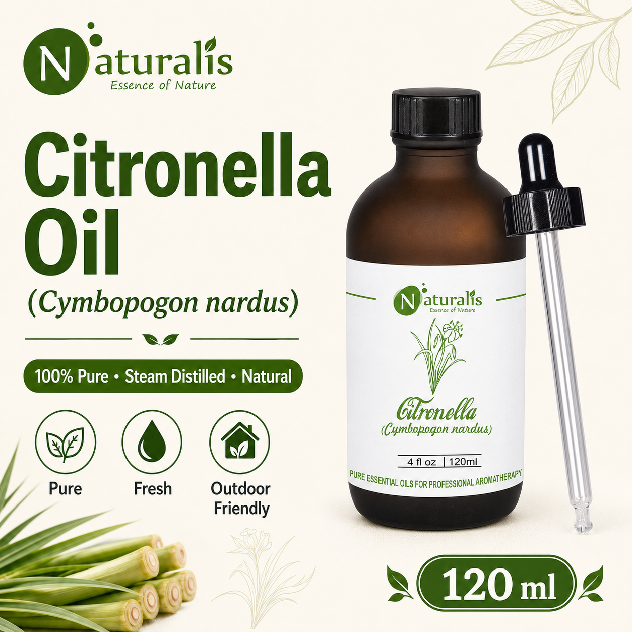 Naturalis Citronella Essential Oil 120ml - Cymbopogon nardus