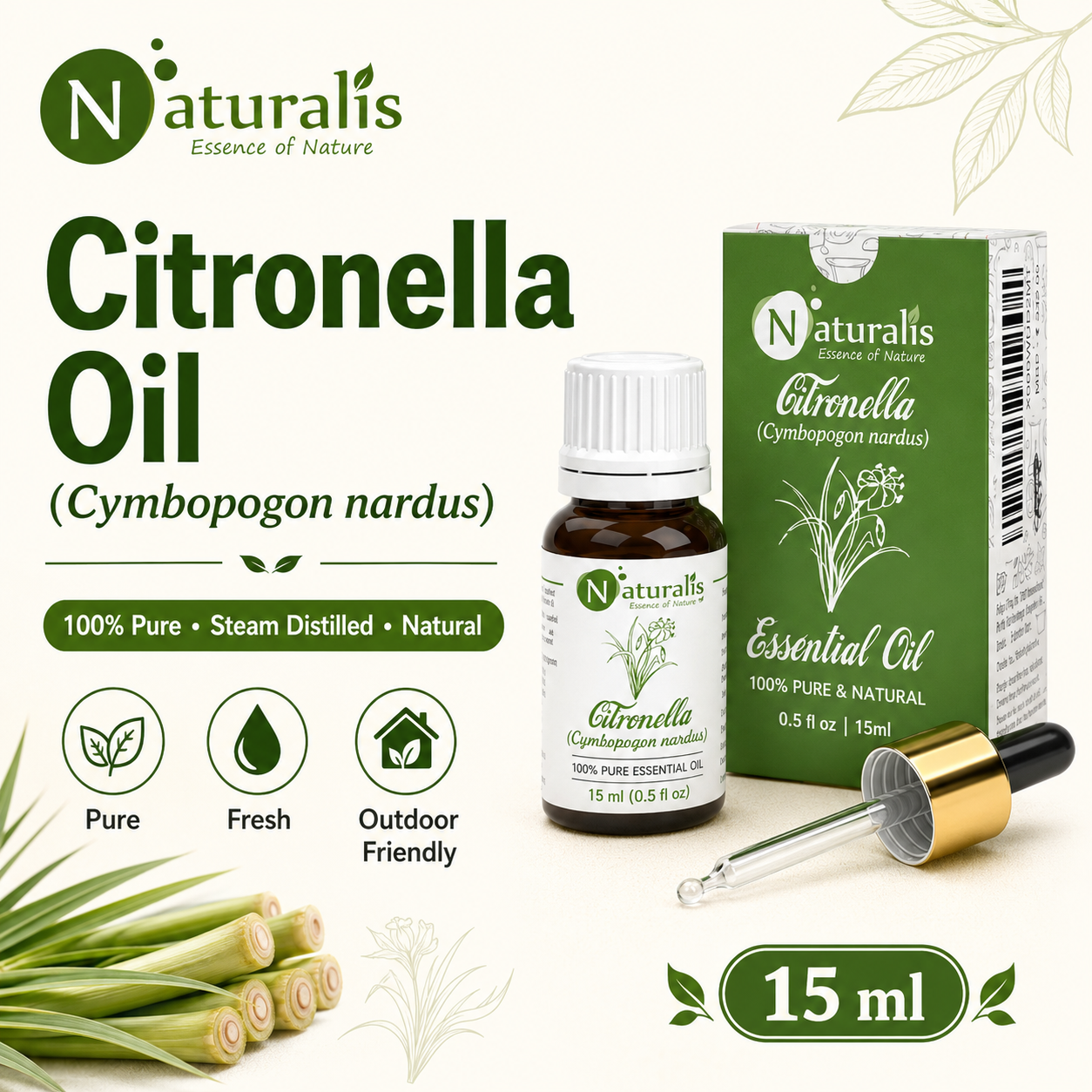 Naturalis Citronella Essential Oil 15ml - Cymbopogon nardus