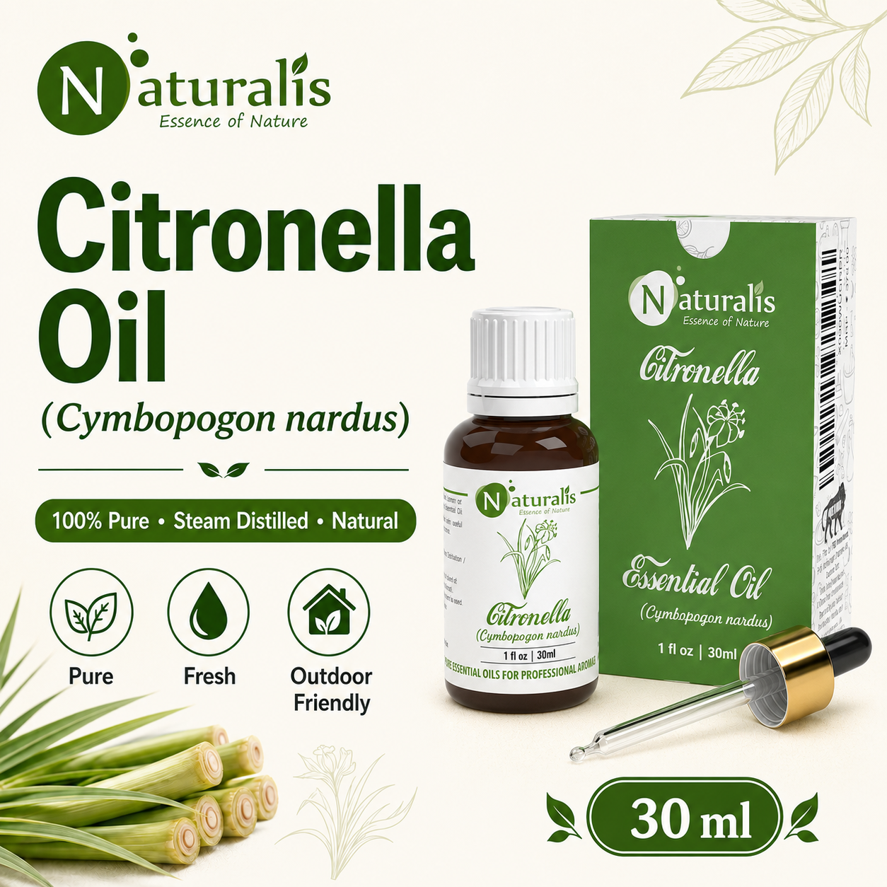 Naturalis Citronella Essential Oil 30ml - Cymbopogon nardus