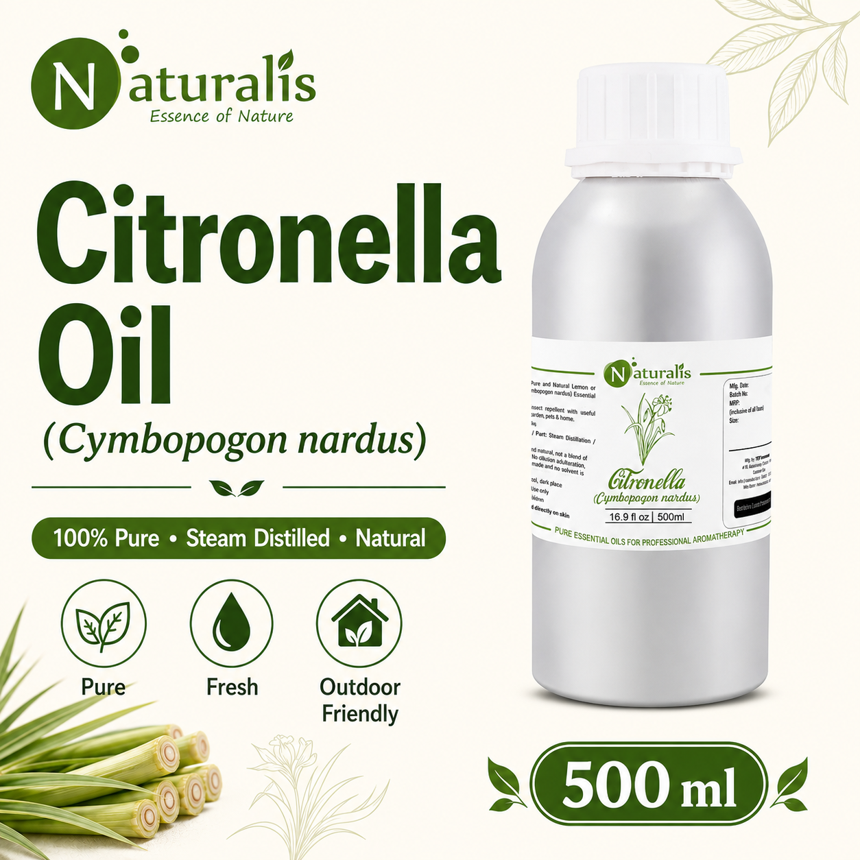 Naturalis Citronella Essential Oil 500ml - Cymbopogon nardus