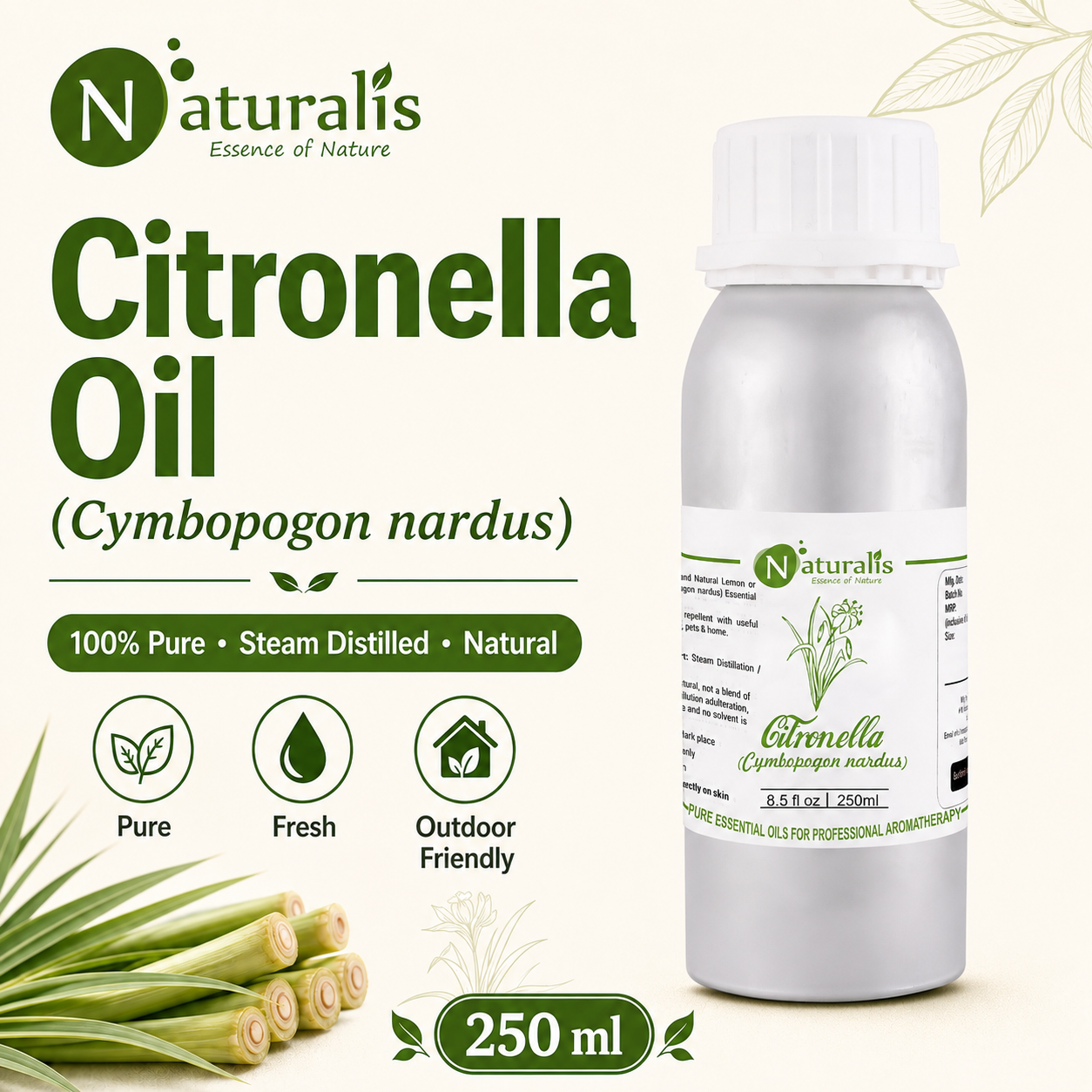 Naturalis Citronella Essential Oil 250ml - Cymbopogon nardus
