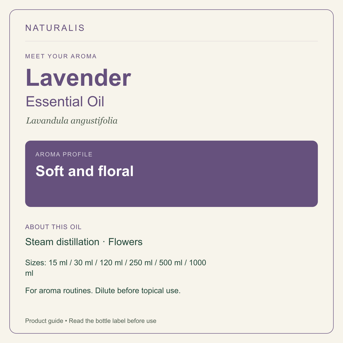 Naturalis Lavender Essential Oil - aroma profile, botanical details and bottle sizes