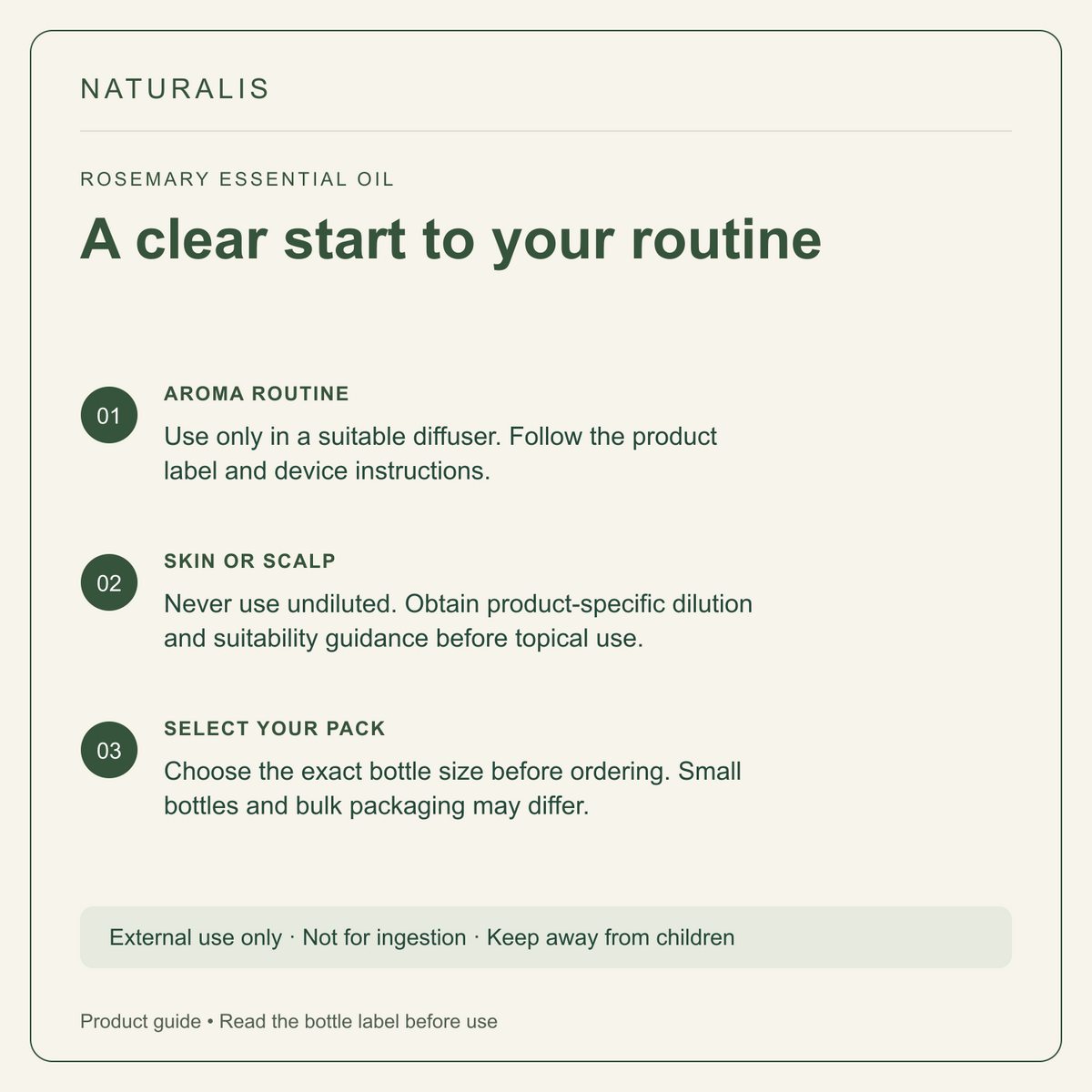 Naturalis Rosemary Essential Oil - diffuser guidance, topical dilution caution and pack selection