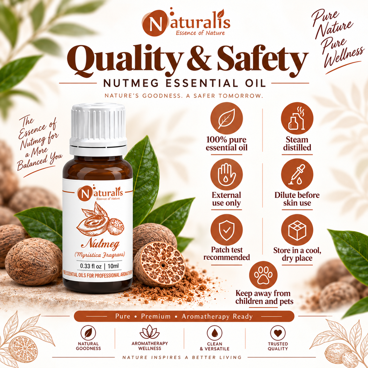 Nutmeg Essential Oil quality and safety guide - steam distilled, dilute before skin use, patch test and store safely
