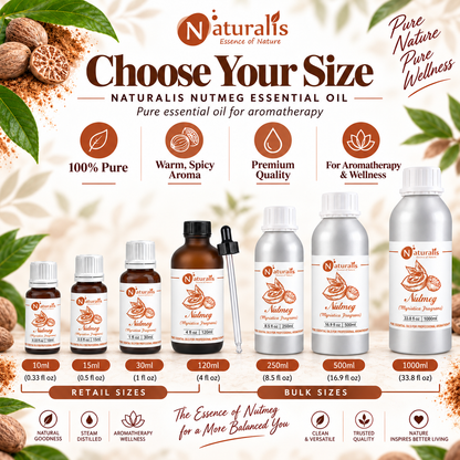Naturalis Nutmeg Essential Oil size guide - 10ml, 15ml, 30ml, 120ml, 250ml, 500ml and 1000ml