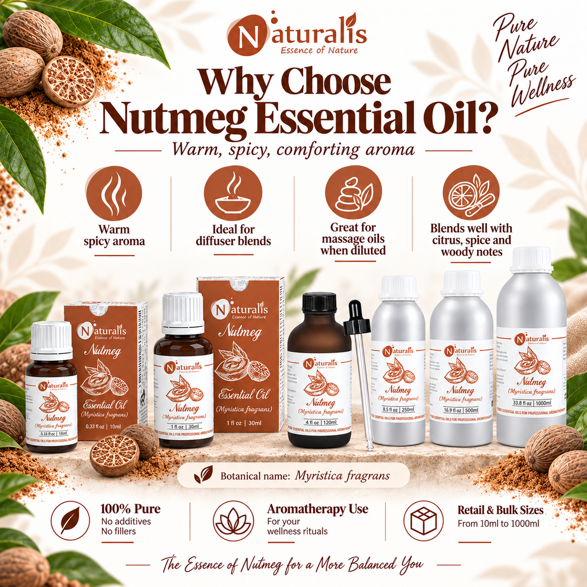 Why choose Naturalis Nutmeg Essential Oil - warm spicy aroma for diffuser, massage and blending
