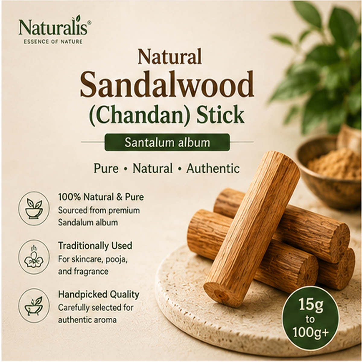 Naturalis Sandalwood Stick purity and product overview infographic