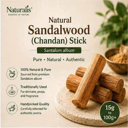 Naturalis Sandalwood Stick purity and product overview infographic