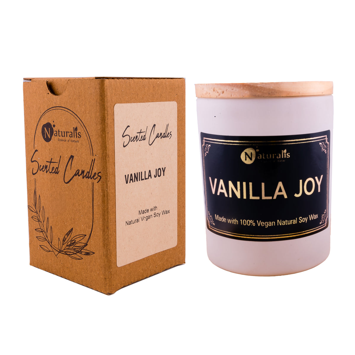 Naturalis Vanilla Joy soy wax candle with lid and packaging