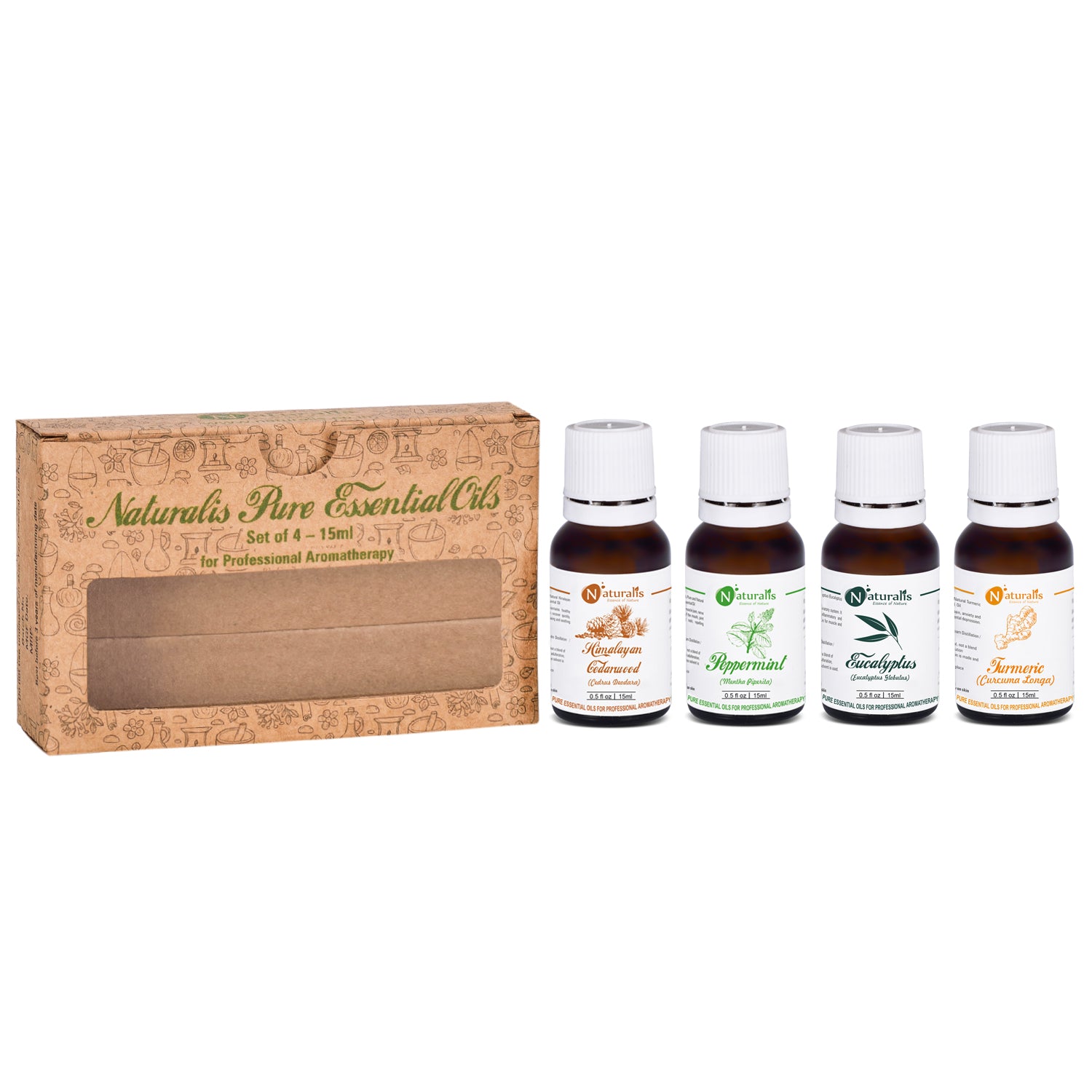 Naturalis 15ml Essential Oil Gift Pack Of 4 for Health Care (Cedarwood Oil, Peppermint Oil, Eucalyptus Oil, Turmeric Oil) - Naturalis