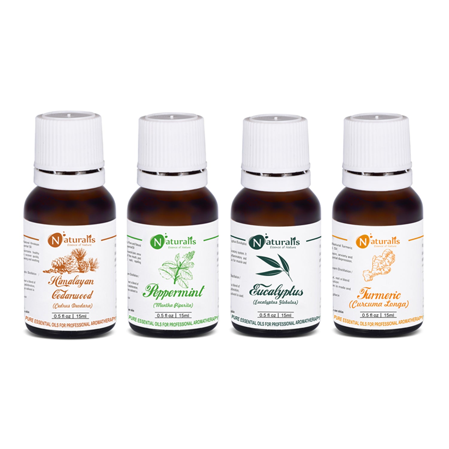 Naturalis 15ml Essential Oil Gift Pack Of 4 for Health Care (Cedarwood Oil, Peppermint Oil, Eucalyptus Oil, Turmeric Oil) - Naturalis