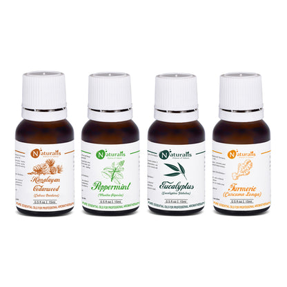 Naturalis 15ml Essential Oil Gift Pack Of 4 for Health Care (Cedarwood Oil, Peppermint Oil, Eucalyptus Oil, Turmeric Oil) - Naturalis