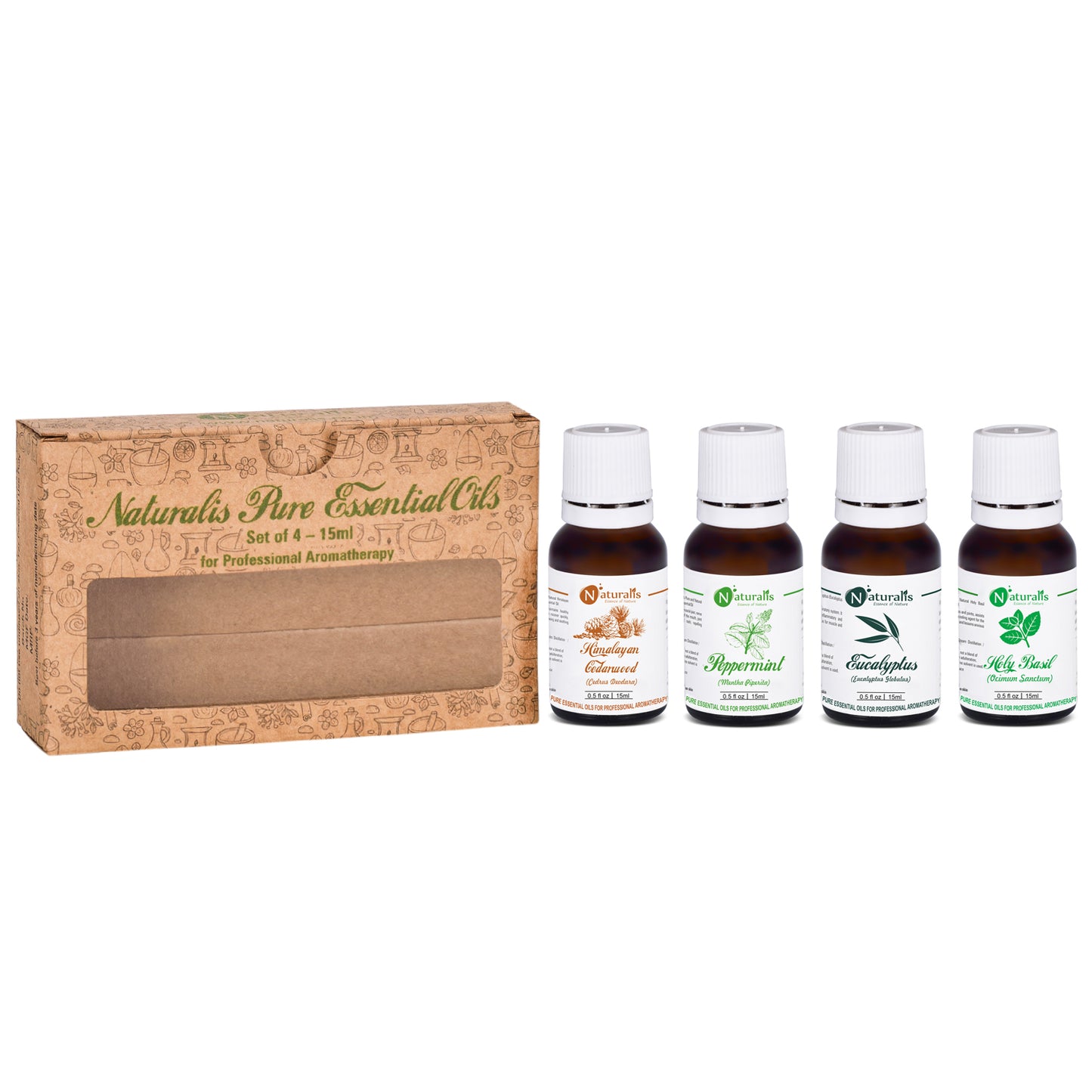 Naturalis 15ml Essential Oil Gift Pack Of 4 for Health Care (Cedarwood Oil, Peppermint Oil, Eucalyptus Oil, Holy Basil Oil) - Naturalis