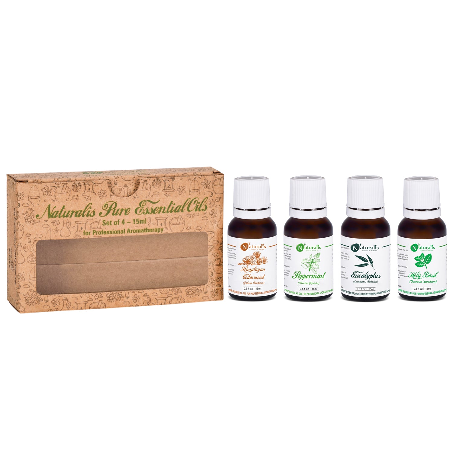 Naturalis 15ml Essential Oil Gift Pack Of 4 for Health Care (Cedarwood Oil, Peppermint Oil, Eucalyptus Oil, Holy Basil Oil) - Naturalis