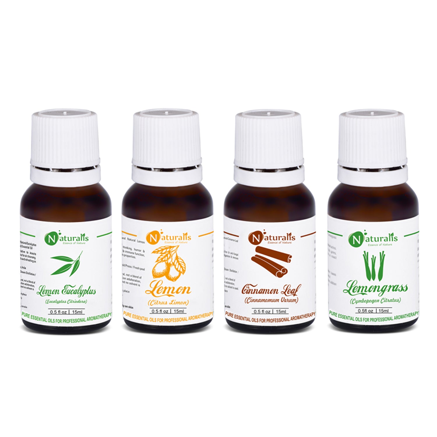 Naturalis Essential Oil Gift Pack of 4 - Natural Insects Repellent - 15ml (Lemon Eucalyptus Oil, Lemon Oil, Cinnamon Leaf Oil, Lemongrass Oil) - Naturalis