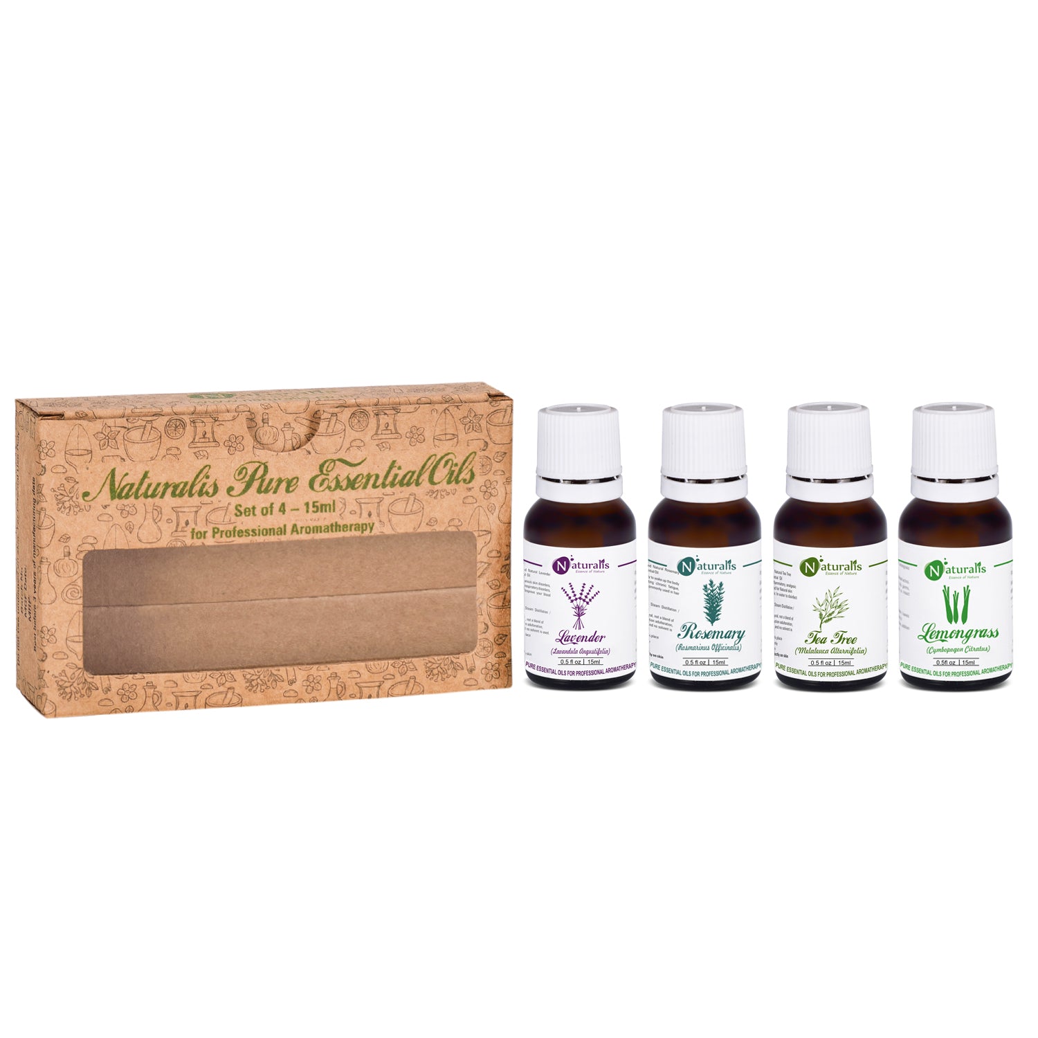 Multipurpose Essential Oil Set Of 4 by Naturalis (Lavender Oil, Rosemary Oil, Tea Tree Oil, Lemongrass Oil) - Pure & Natural - Naturalis