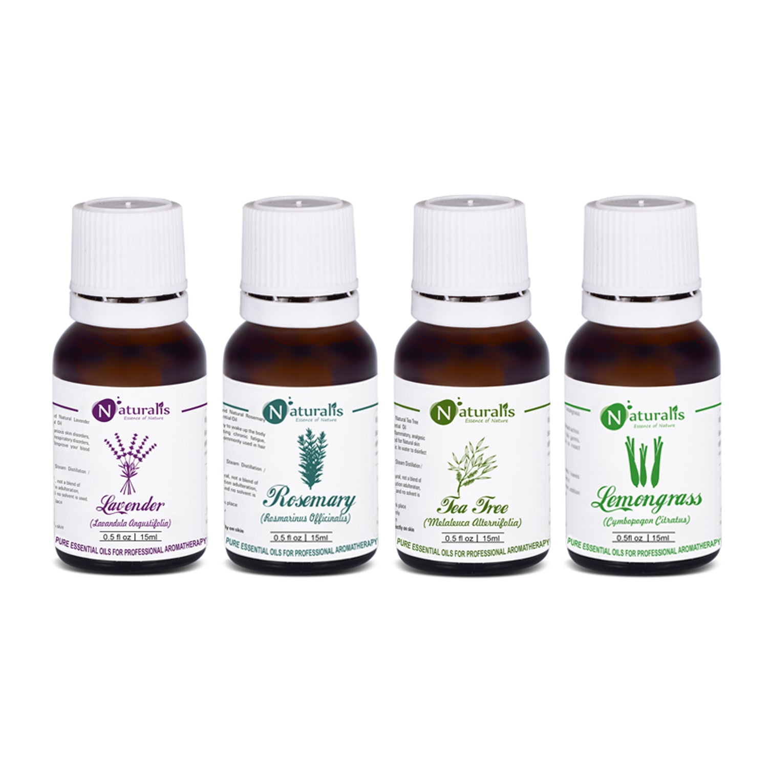 Multipurpose Essential Oil Set Of 4 by Naturalis (Lavender Oil, Rosemary Oil, Tea Tree Oil, Lemongrass Oil) - Pure & Natural - Naturalis
