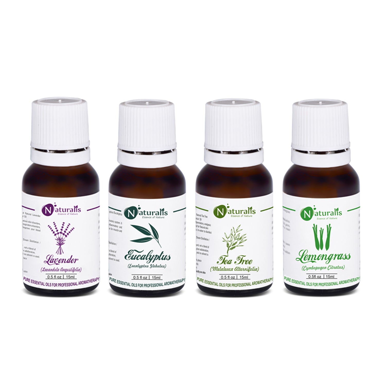 Multipurpose Essential Oil Set of 4  (Lavender Oil, Eucalyptus Oil, Tea Tree Oil, Lemongrass Oil) - Pure & Natural - Naturalis