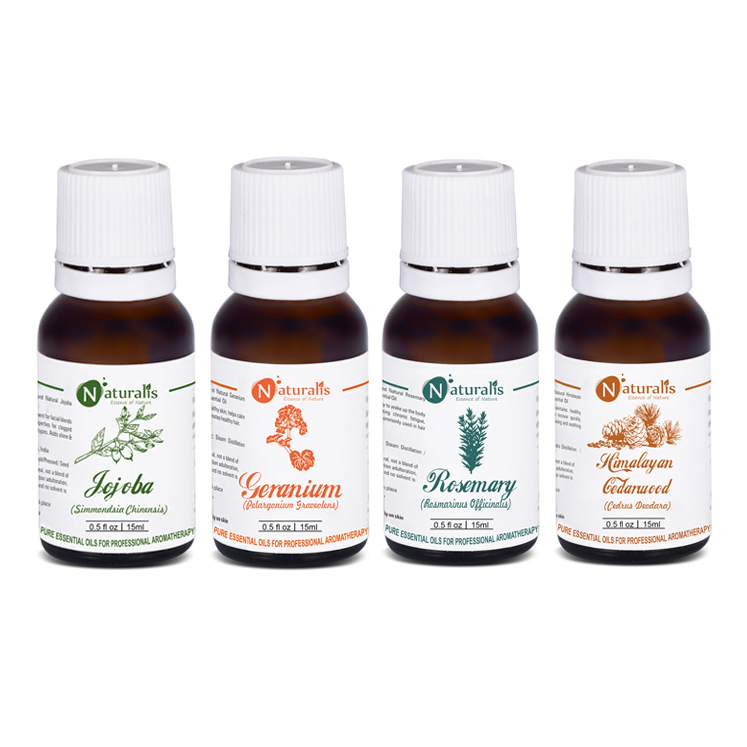 Naturalis 15ml Essential Oil Gift Pack Of 4 Multipurpose (Jojoba Oil, Geranium Oil, RosemaryOil, Cedarwood Oil) - Naturalis