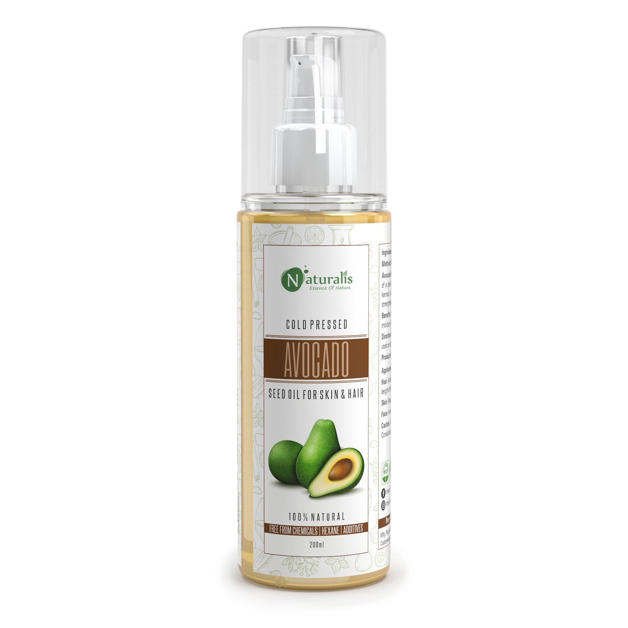 Avocado Oil, Cold Pressed Carrier Oil Rich In Vitamin E, Moisturizer For Hair, Face & Skin, 200 Ml - Naturalis