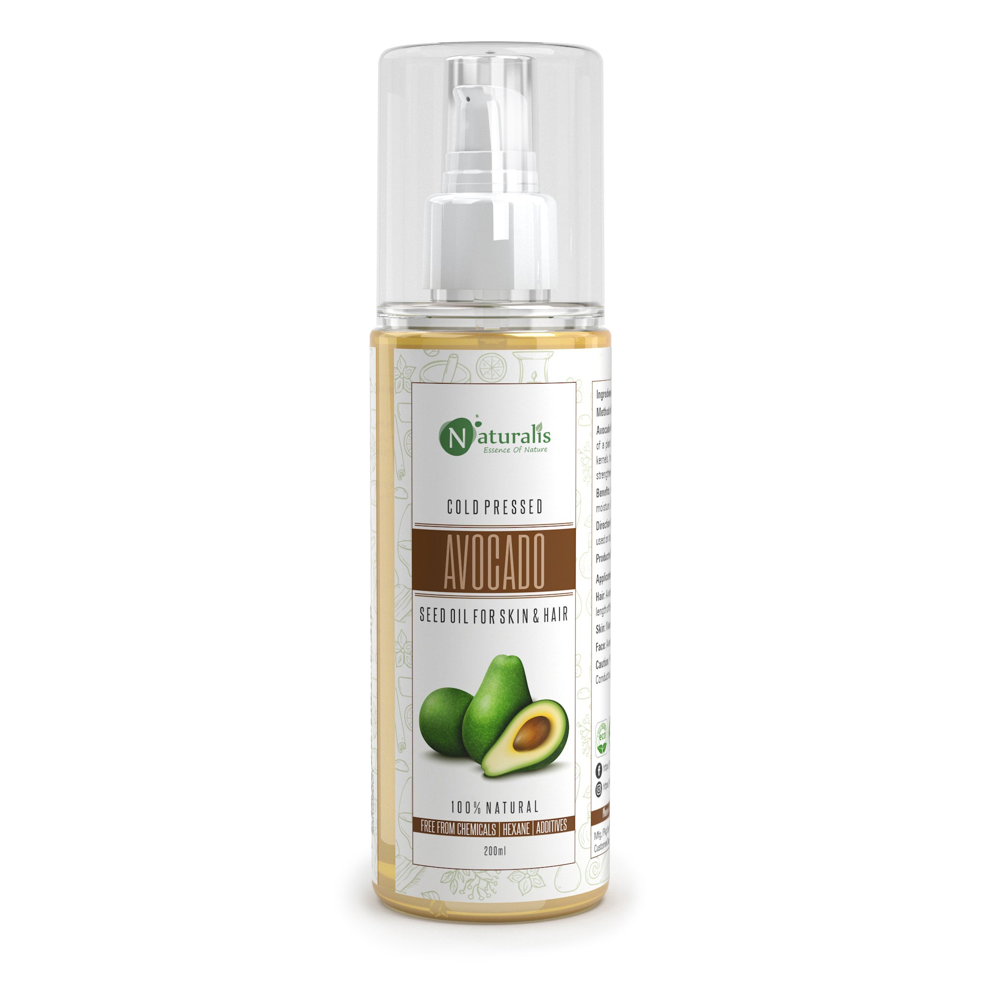 Naturalis 100% pure Avocado Oil, cold-pressed carrier oil for skin and hair, 200ml