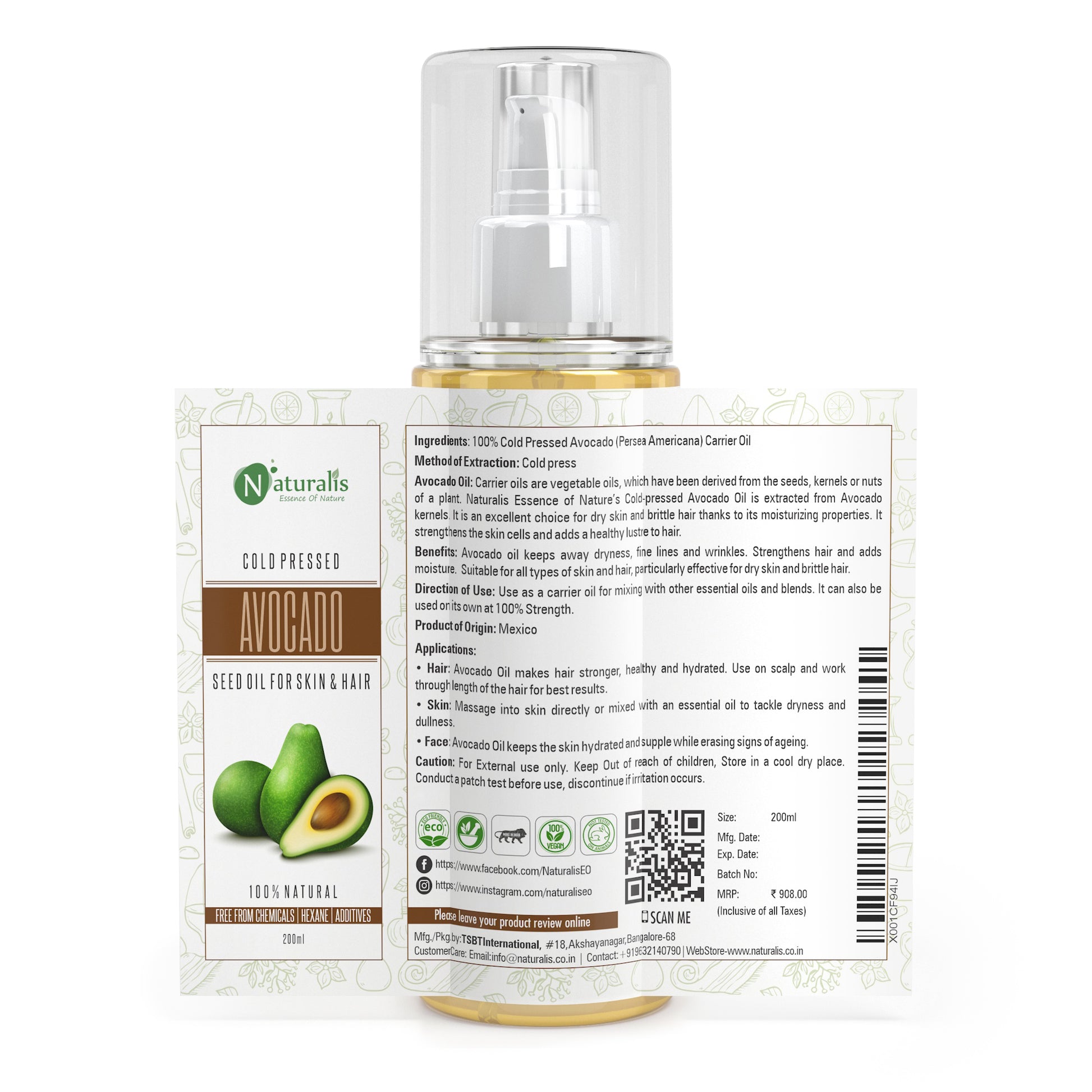Avocado Oil, Cold Pressed Carrier Oil Rich In Vitamin E, Moisturizer For Hair, Face & Skin, 200 Ml - Naturalis