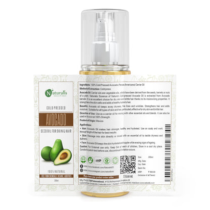 Avocado Oil, Cold Pressed Carrier Oil Rich In Vitamin E, Moisturizer For Hair, Face & Skin, 200 Ml - Naturalis