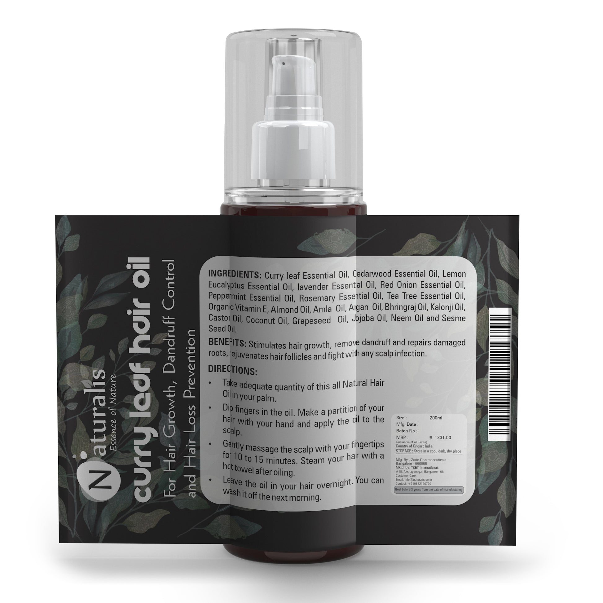 Naturalis Curry Leaves Natural Premium Hair Oil for Growth, Dandruff, Hair Loss and Rejuvenate Follicles, Non sticky all Natural product No Parabens & No Mineral Oil - Naturalis