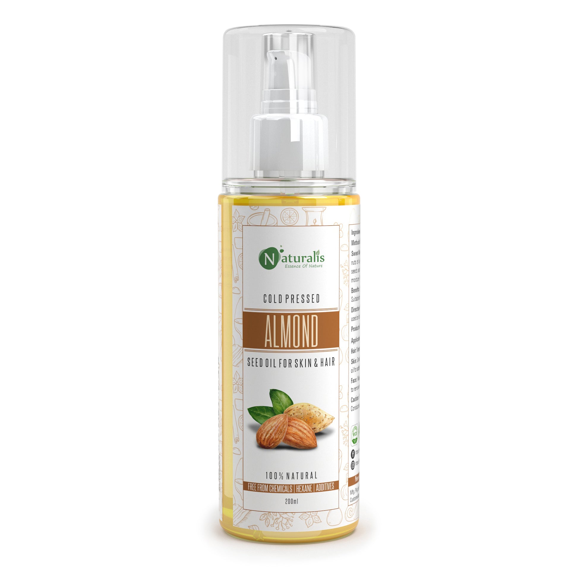 Cold Pressed Sweet Almond Carrier oil for Hair & Skin, 200 ml - Naturalis