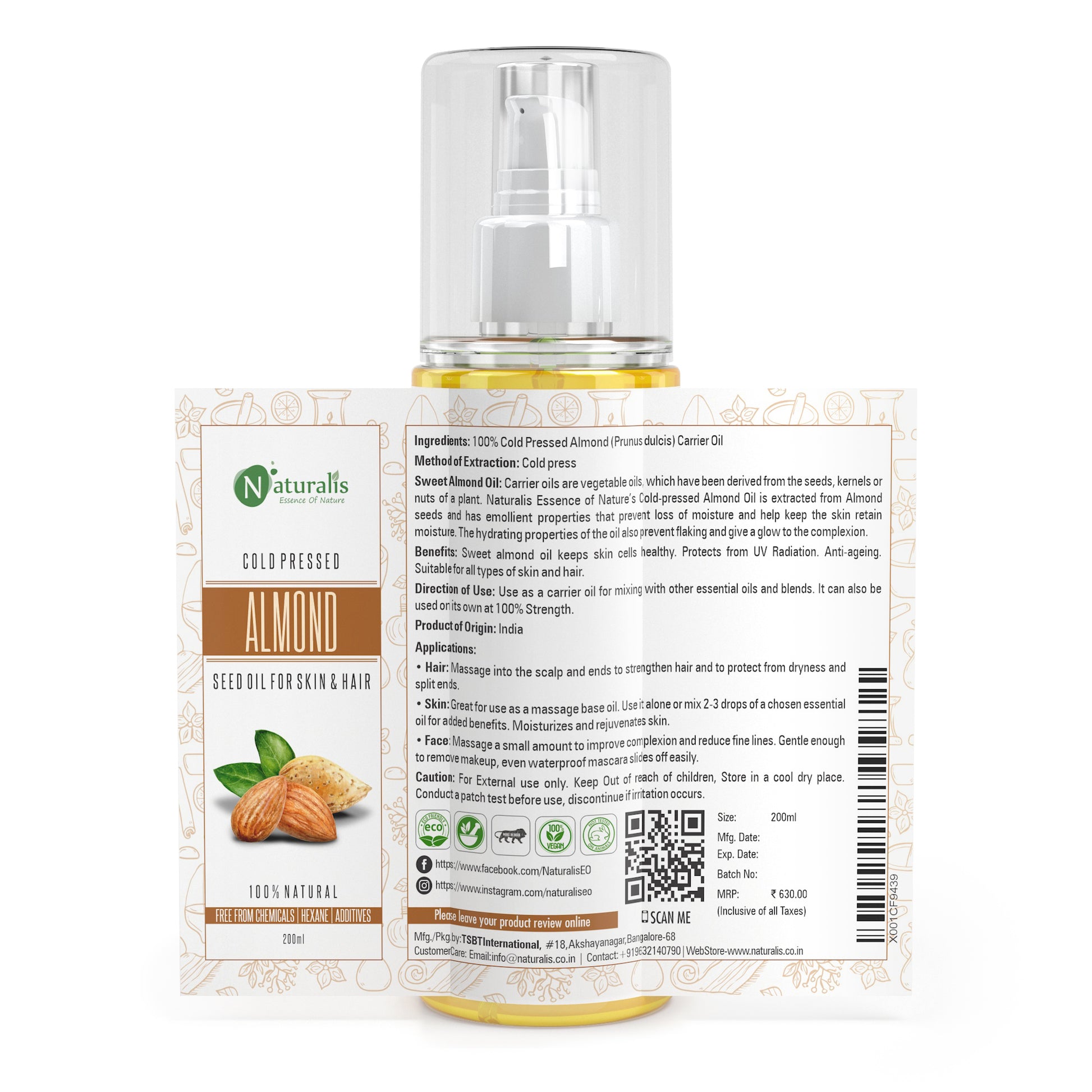 Cold Pressed Sweet Almond Carrier oil for Hair & Skin, 200 ml - Naturalis